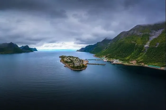 Framed Print : Aerial view of the Husoy fishing village on the Senja Island, Norway Framed Print : Aerial view of the Husoy fishing village on the Senja Island, Norway