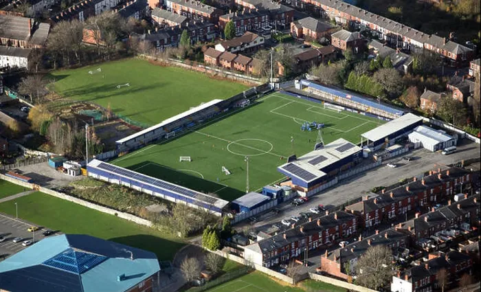 Framed Print : aerial view of Hyde United Football Club, Ewen Fields Stadium, Cheshire, UK Framed Print : aerial view of Hyde United Football Club, Ewen Fields Stadium, Cheshire, UK
