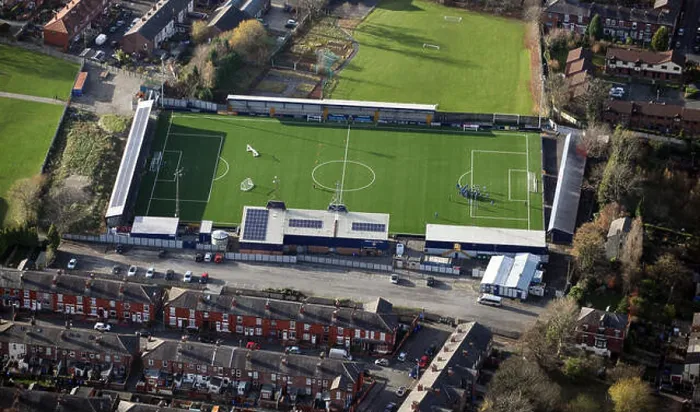 Framed Print : aerial view of Hyde United Football Club, Ewen Fields Stadium, Cheshire, UK Framed Print : aerial view of Hyde United Football Club, Ewen Fields Stadium, Cheshire, UK