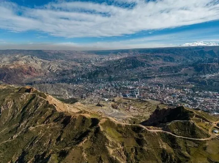 Framed Print : Aerial view from the impressive landmark Muela del Diablo over the mountains down into the valley with the cities La Framed Print : Aerial view from the impressive landmark Muela del Diablo over the mountains down into the valley with the cities La