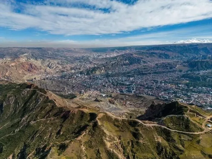 Framed Print : Aerial view from the impressive landmark Muela del Diablo over the mountains down into the valley with the cities La Framed Print : Aerial view from the impressive landmark Muela del Diablo over the mountains down into the valley with the cities La