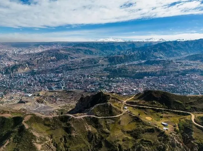 Framed Print : Aerial view from the impressive landmark Muela del Diablo over the mountains down into the valley with the cities La Framed Print : Aerial view from the impressive landmark Muela del Diablo over the mountains down into the valley with the cities La