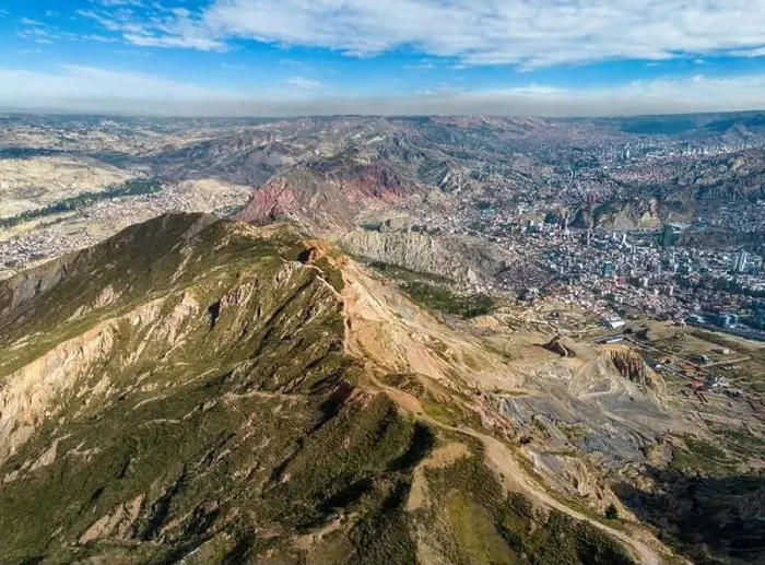 Framed Print : Aerial view from the impressive landmark Muela del Diablo over the mountains down into the valley with the cities La Framed Print : Aerial view from the impressive landmark Muela del Diablo over the mountains down into the valley with the cities La