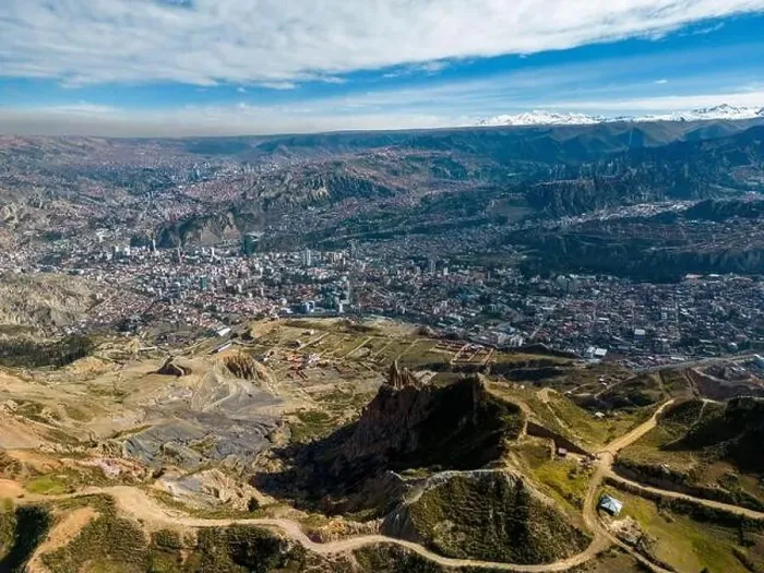 Framed Print : Aerial view from the impressive landmark Muela del Diablo over the mountains down into the valley with the cities La