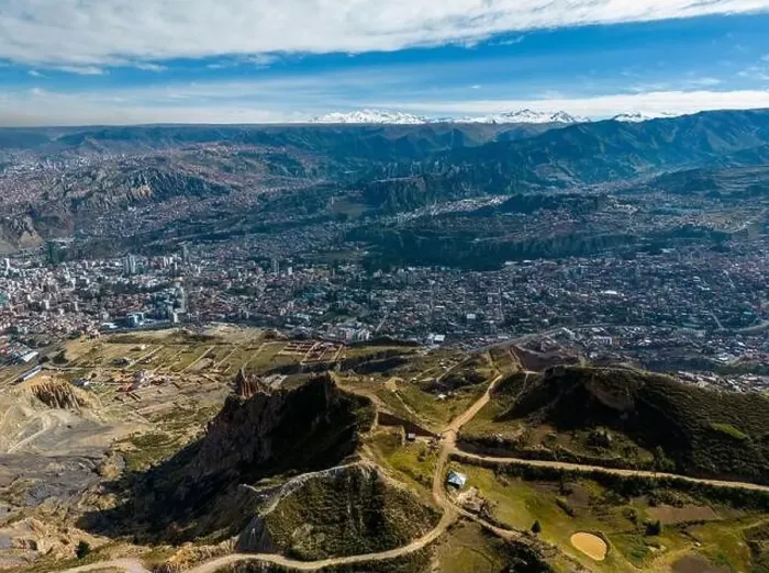 Framed Print : Aerial view from the impressive landmark Muela del Diablo over the mountains down into the valley with the cities La Framed Print : Aerial view from the impressive landmark Muela del Diablo over the mountains down into the valley with the cities La