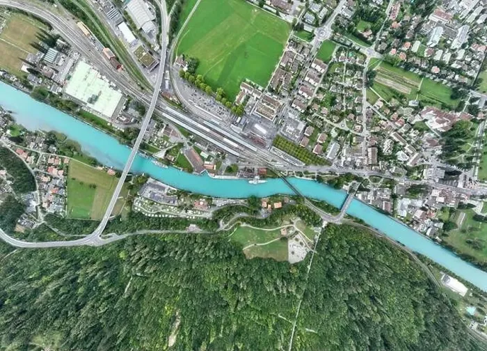 Framed Print : Aerial View of Interlaken and River Aare, Canton of Bern, Switzerland Framed Print : Aerial View of Interlaken and River Aare, Canton of Bern, Switzerland