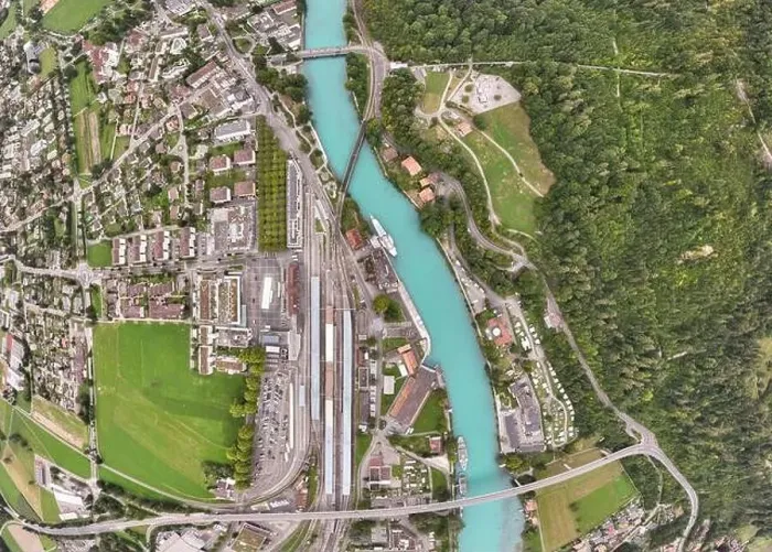 Framed Print : Aerial View of Interlaken and River Aare, Canton of Bern, Switzerland Framed Print : Aerial View of Interlaken and River Aare, Canton of Bern, Switzerland
