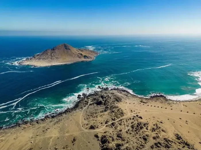 Framed Print : Aerial view of Isla Pan de Azúcar in the National Park Pan de Azúcar at the coast of the Atacama desert in Chile Framed Print : Aerial view of Isla Pan de Azúcar in the National Park Pan de Azúcar at the coast of the Atacama desert in Chile