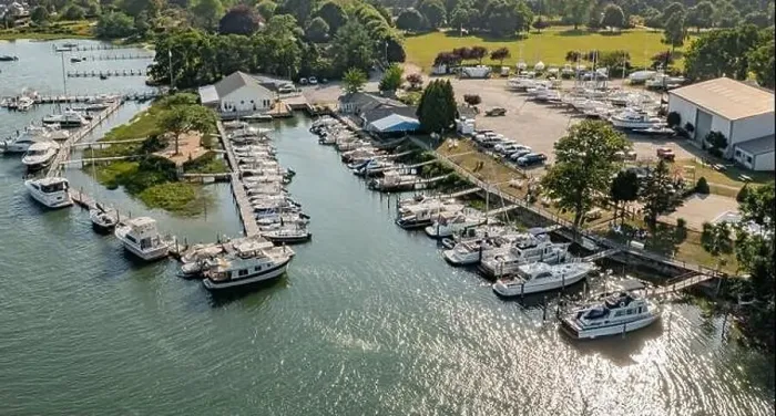 Framed Print : Aerial view of the island boat yard, shelter island, NY