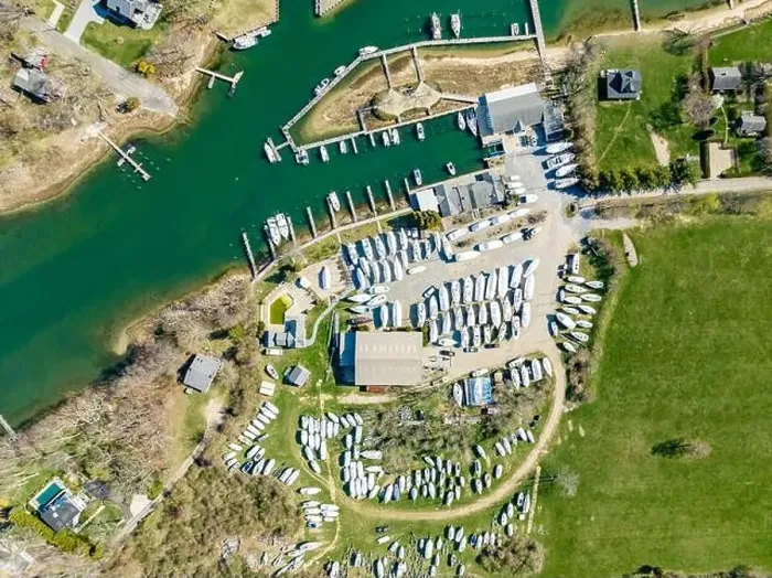 Framed Print : aerial view of Island boat yard in shelter island, NY