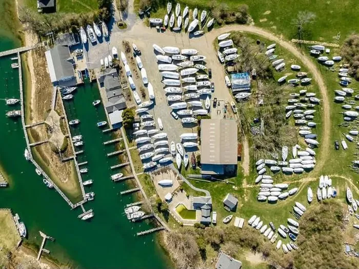 Framed Print : aerial view of Island boat yard in shelter island, NY