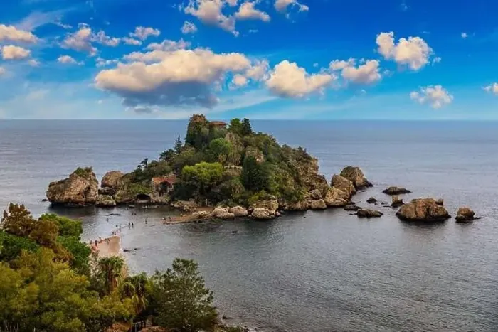 Framed Print : Aerial view of Isola Bella in Taormina