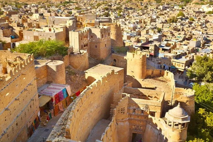 Framed Print : Aerial view from the top of Jaisalmer Fort of the foritication and city below, Jaisalmer, India Framed Print : Aerial view from the top of Jaisalmer Fort of the foritication and city below, Jaisalmer, India