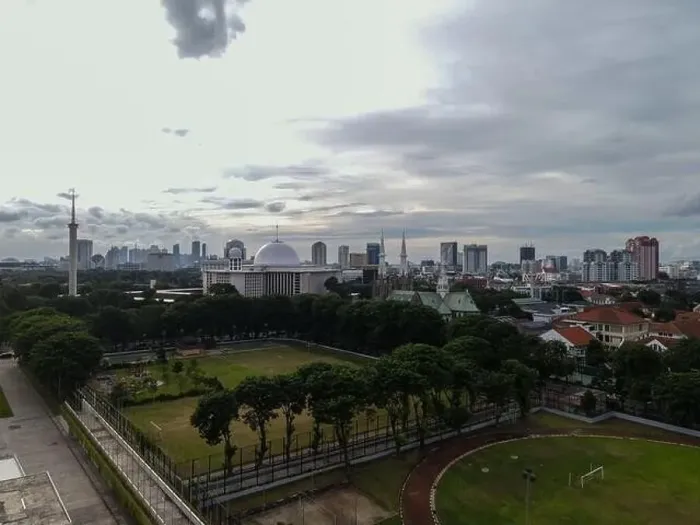Framed Print : Aerial view of Jakarta cathedral and Istiqlal Mosque Framed Print : Aerial view of Jakarta cathedral and Istiqlal Mosque