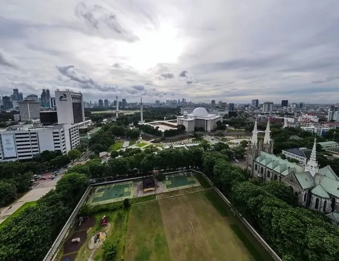 Framed Print : Aerial view of Jakarta cathedral and Istiqlal Mosque Framed Print : Aerial view of Jakarta cathedral and Istiqlal Mosque