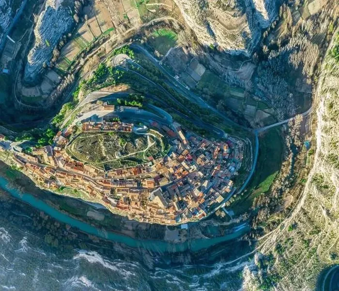 Framed Print : Aerial top down view of the Jucar river surrounding the medieval hilltop town of Jorquera in Spain Framed Print : Aerial top down view of the Jucar river surrounding the medieval hilltop town of Jorquera in Spain