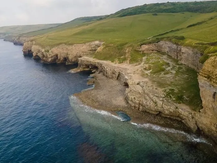 Framed Print : Aerial view of Jurassic Coast cliffs in Dorset, south west England Framed Print : Aerial view of Jurassic Coast cliffs in Dorset, south west England