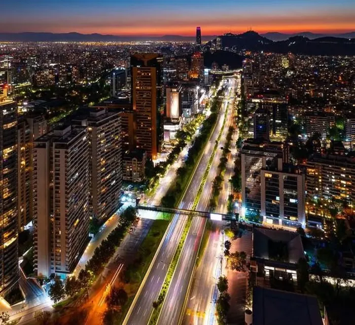 Framed Print : aerial view kennedy avenue in Santiago de Chile. blue hour after sunset Framed Print : aerial view kennedy avenue in Santiago de Chile. blue hour after sunset