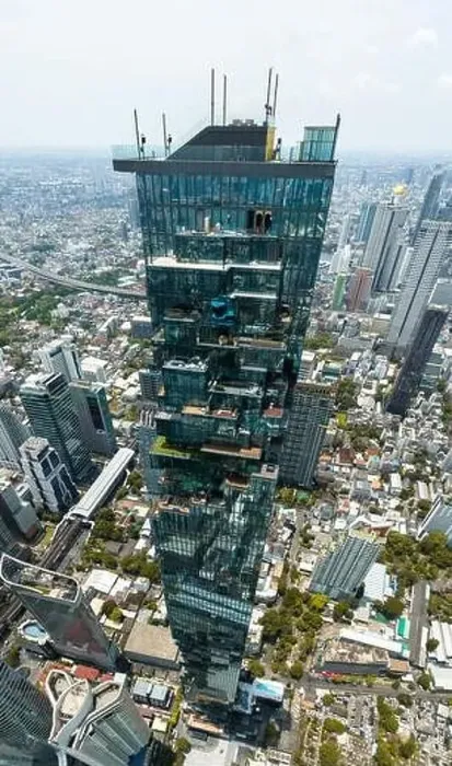 Framed Print : Aerial view of King Power Mahanakhon tower in Sathorn Silom central business district of Bangkok, Thailand