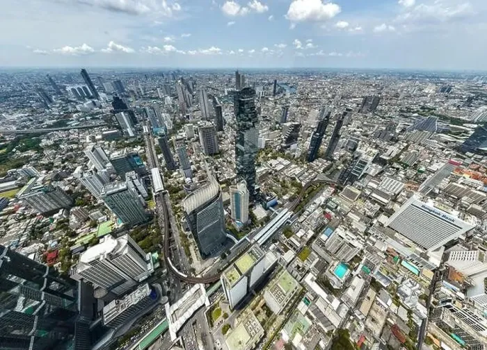 Framed Print : Aerial view of King Power Mahanakhon tower in Sathorn Silom central business district of Bangkok, Thailand