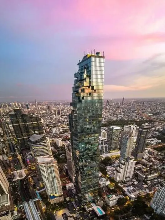 Framed Print : Aerial view of King Power Mahanakhon tower in Sathorn Silom central business district of Bangkok, Thailand