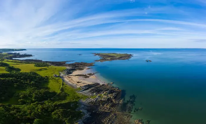 Framed Print : Aerial view of Knockbrex beach and Barlocco island, near Borgue, Dumfries & Galloway, Scotland Framed Print : Aerial view of Knockbrex beach and Barlocco island, near Borgue, Dumfries & Galloway, Scotland