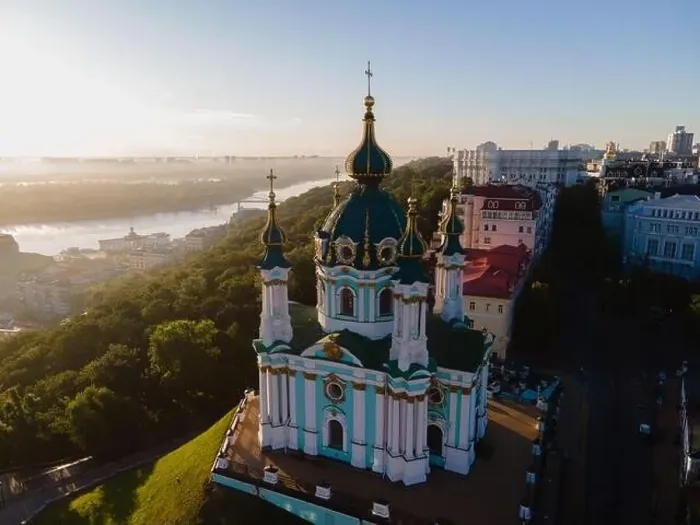 Framed Print : Aerial view of Kyiv St. Andrew's Church. Ukraine Framed Print : Aerial view of Kyiv St. Andrew's Church. Ukraine