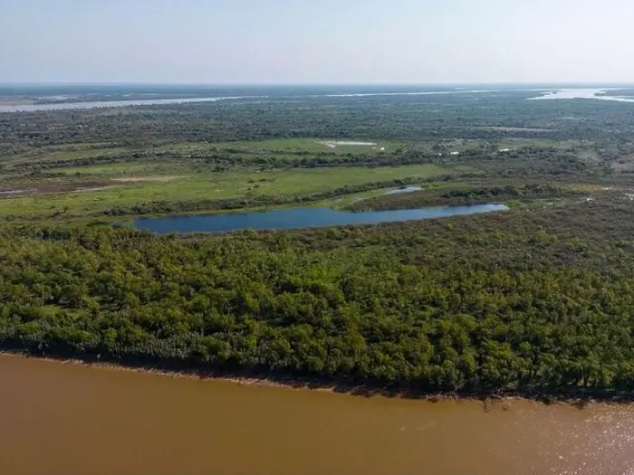 Framed Print : Aerial view of a lagoon at the huge river