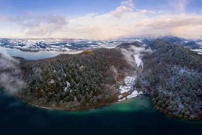 Framed Print : aerial view to lake alatsee and weissensee at fuessen bavaria in winter
