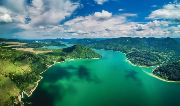 Framed Print : Aerial top view of lake between mountain forest, beautiful panorama Framed Print : Aerial top view of lake between mountain forest, beautiful panorama