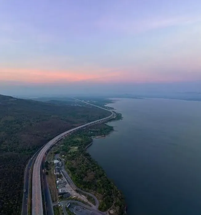 Framed Print : aerial view light on super highway Along the Lam Takhong Dam at twilight Framed Print : aerial view light on super highway Along the Lam Takhong Dam at twilight