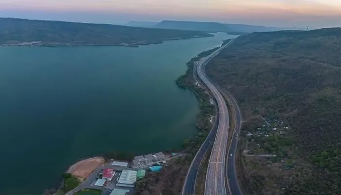 Framed Print : aerial view light on super highway Along the Lam Takhong Dam at twilight Framed Print : aerial view light on super highway Along the Lam Takhong Dam at twilight