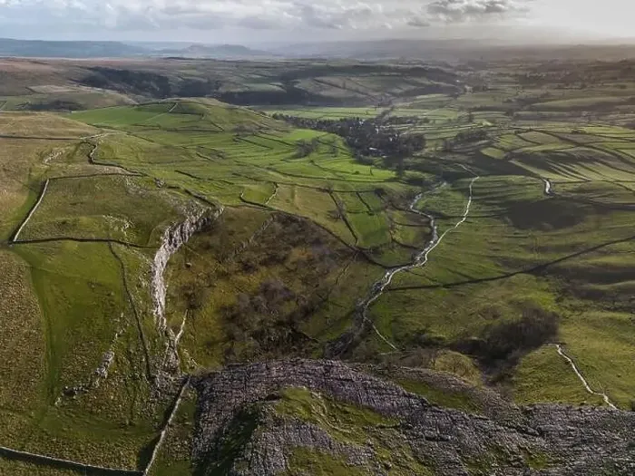 Framed Print : Aerial view of the Limestone pavement on top of Malham Cove Framed Print : Aerial view of the Limestone pavement on top of Malham Cove