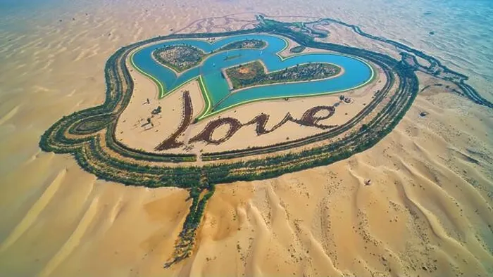 Framed Print : Aerial view of love lake and sand desert in Al Qudra in Dubai United Arab Emirates UAE