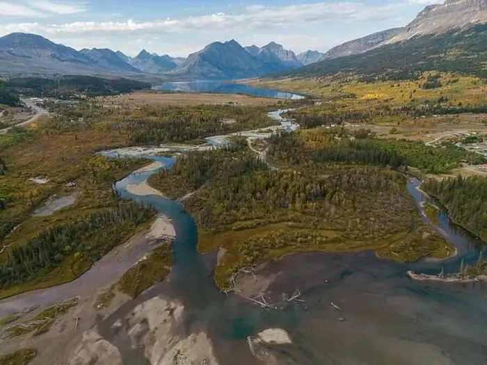 Framed Print : Aerial view from Lower St Mary lake looking towards Glacier National Park in the fall Framed Print : Aerial view from Lower St Mary lake looking towards Glacier National Park in the fall