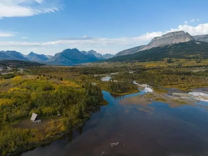 Framed Print : Aerial view from Lower St Mary lake looking towards Glacier National Park in the fall Framed Print : Aerial view from Lower St Mary lake looking towards Glacier National Park in the fall