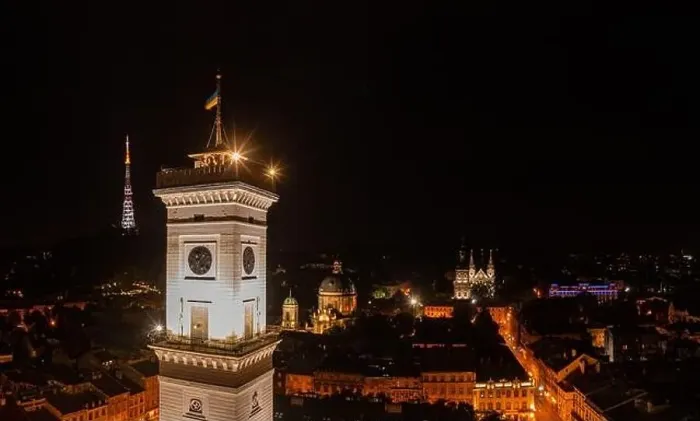 Framed Print : Aerial view on Lviv city hall at night from drone Framed Print : Aerial view on Lviv city hall at night from drone