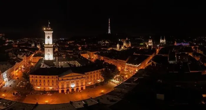 Framed Print : Aerial view on Lviv city hall at night from drone Framed Print : Aerial view on Lviv city hall at night from drone