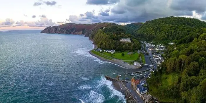 Framed Print : Aerial view of Lynmouth, a small village on the Exmoor coast in the North Devon district in the county of Devon, England Framed Print : Aerial view of Lynmouth, a small village on the Exmoor coast in the North Devon district in the county of Devon, England