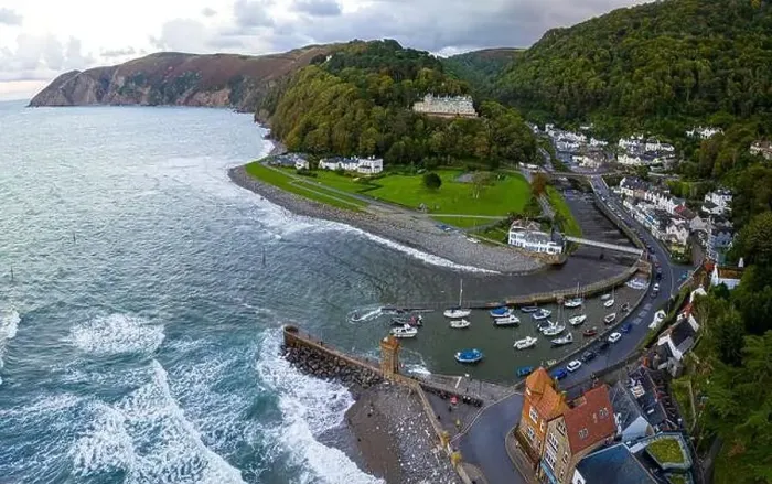 Framed Print : Aerial view of Lynmouth, a small village on the Exmoor coast in the North Devon district in the county of Devon, England Framed Print : Aerial view of Lynmouth, a small village on the Exmoor coast in the North Devon district in the county of Devon, England