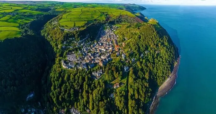 Framed Print : Aerial view of Lynton, a town on the Exmoor coast in the North Devon district in the county of Devon, England Framed Print : Aerial view of Lynton, a town on the Exmoor coast in the North Devon district in the county of Devon, England