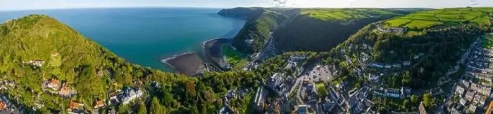 Framed Print : Aerial view of Lynton, a town on the Exmoor coast in the North Devon district in the county of Devon, England Framed Print : Aerial view of Lynton, a town on the Exmoor coast in the North Devon district in the county of Devon, England