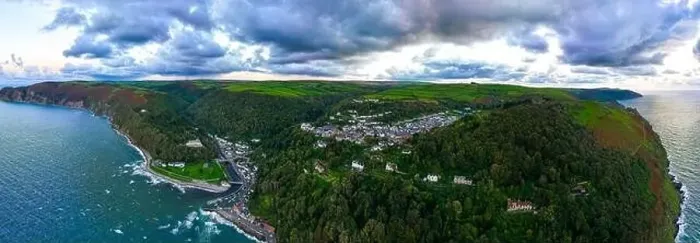 Framed Print : Aerial view of Lynton, a town on the Exmoor coast in the North Devon district in the county of Devon, England Framed Print : Aerial view of Lynton, a town on the Exmoor coast in the North Devon district in the county of Devon, England