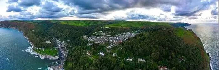 Framed Print : Aerial view of Lynton, a town on the Exmoor coast in the North Devon district in the county of Devon, England Framed Print : Aerial view of Lynton, a town on the Exmoor coast in the North Devon district in the county of Devon, England