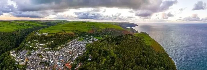 Framed Print : Aerial view of Lynton, a town on the Exmoor coast in the North Devon district in the county of Devon, England Framed Print : Aerial view of Lynton, a town on the Exmoor coast in the North Devon district in the county of Devon, England