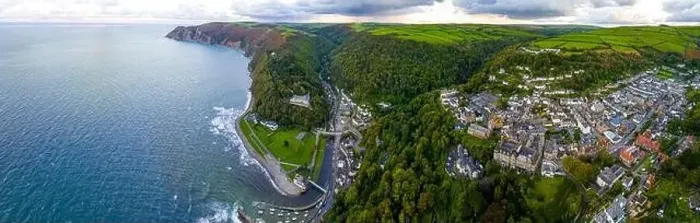 Framed Print : Aerial view of Lynton, a town on the Exmoor coast in the North Devon district in the county of Devon, England Framed Print : Aerial view of Lynton, a town on the Exmoor coast in the North Devon district in the county of Devon, England