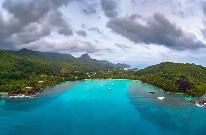 Framed Print : Aerial view of Mahe island with yachts, mountains and Indian Ocean in Seychelles Framed Print : Aerial view of Mahe island with yachts, mountains and Indian Ocean in Seychelles