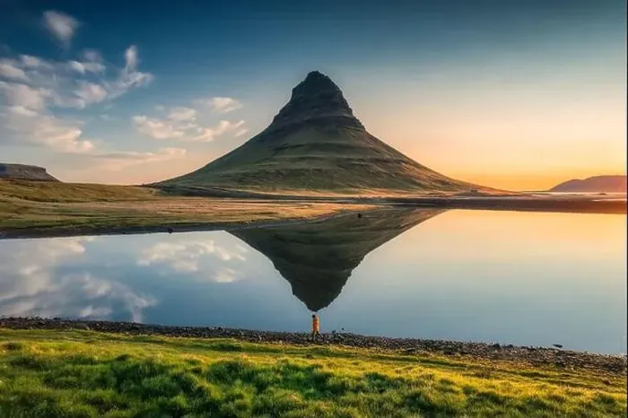 Framed Print : Aerial view of majestic symmetry volcano Kirkjufell mountain with lake reflection Framed Print : Aerial view of majestic symmetry volcano Kirkjufell mountain with lake reflection