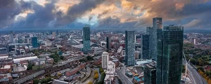 Framed Print : Aerial view of Manchester city in UK Framed Print : Aerial view of Manchester city in UK