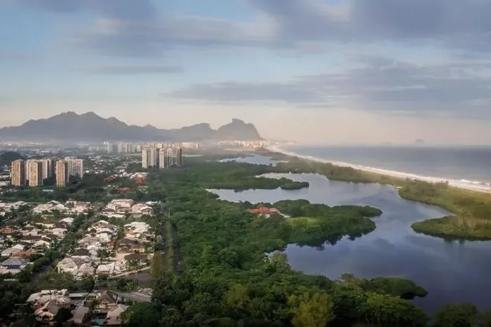 Framed Print : Aerial view of Marapendi Lagoon and Reserve at Barra da Tijuca at sunset - Rio de Janeiro, Brazil Framed Print : Aerial view of Marapendi Lagoon and Reserve at Barra da Tijuca at sunset - Rio de Janeiro, Brazil